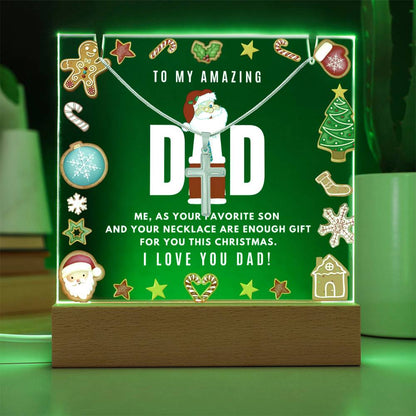 JGF Jewelry Gifts For Family Cross Necklace For Men Silver Stainless Steel For Dad Acrylic Plaque Nightstand with LED Sign Night Stand