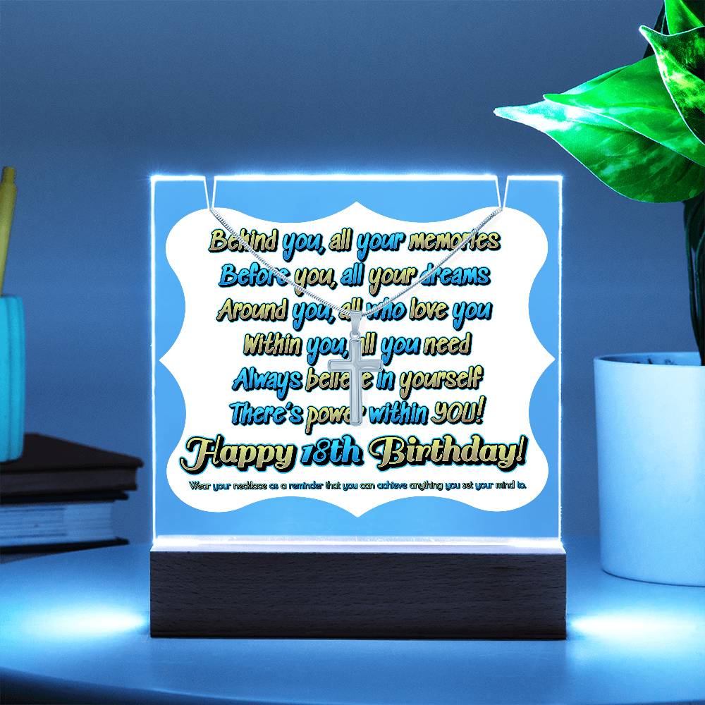 JGF Jewelry Gifts For Family Happy 18th Birthday Cross Necklace on Acrylic Plaque Gifts For Boys And Girls Turning 18 Year Old