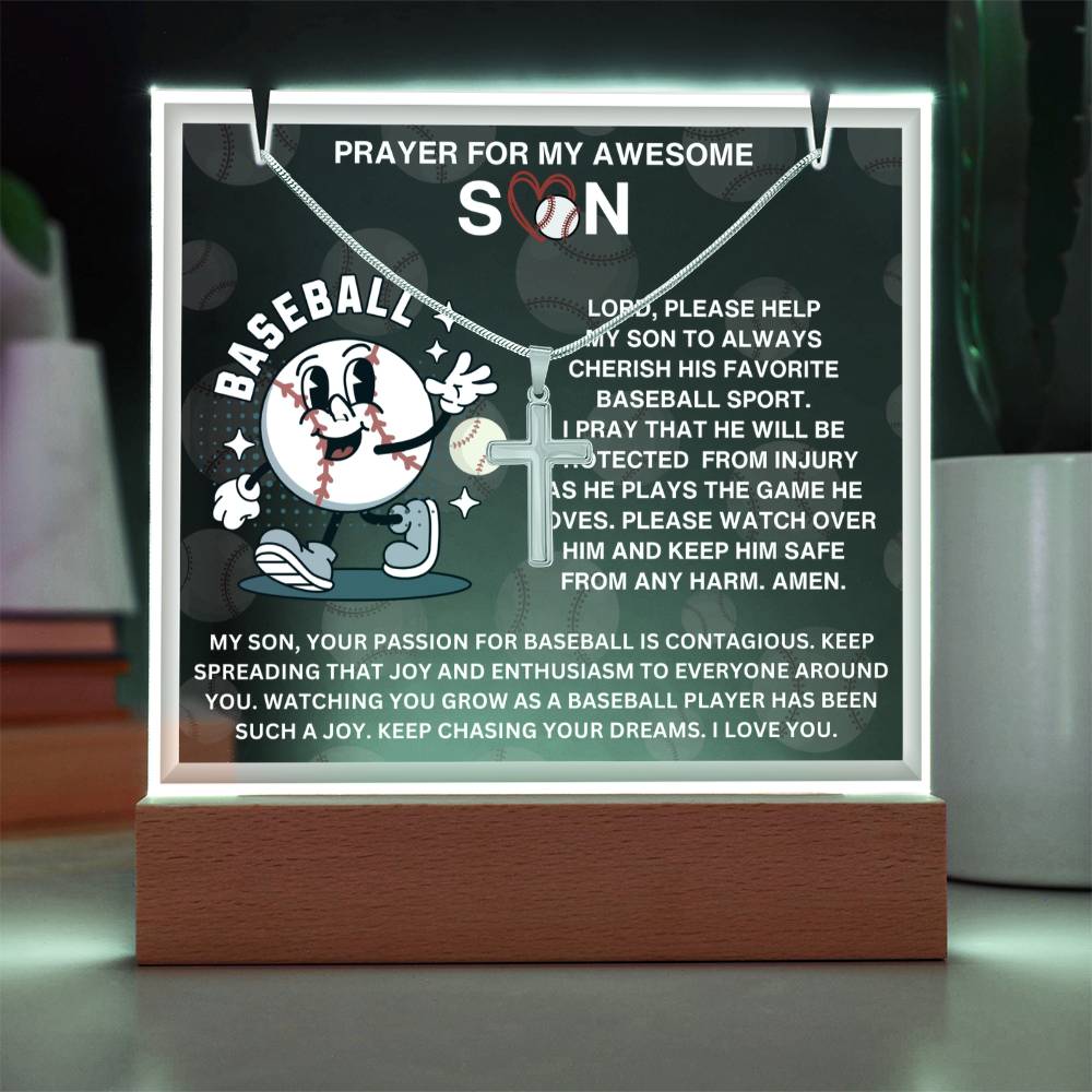JGF Jewelry Gifts For Family Acrylic Sign Plaque Decor Baseball Prayer For My Son with Silver Cross Necklace For Kids Boys