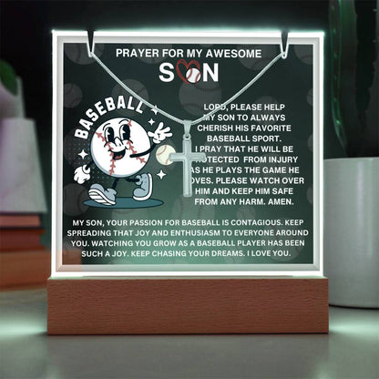 JGF Jewelry Gifts For Family Acrylic Sign Plaque Decor Baseball Prayer For My Son with Silver Cross Necklace For Kids Boys