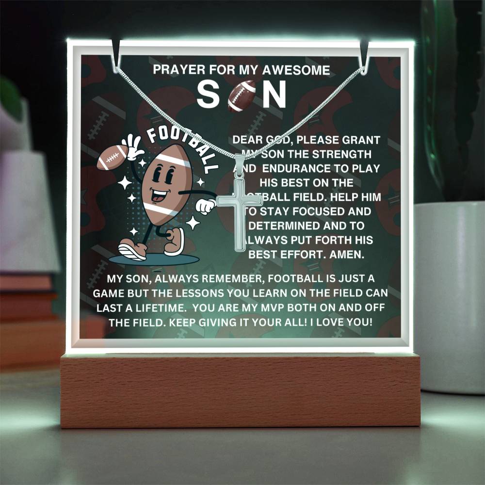 JGF Jewelry Gifts For Family Acrylic Sign Plaque Decor Football Prayer For My Son with Silver Cross Necklace For Kids Boys