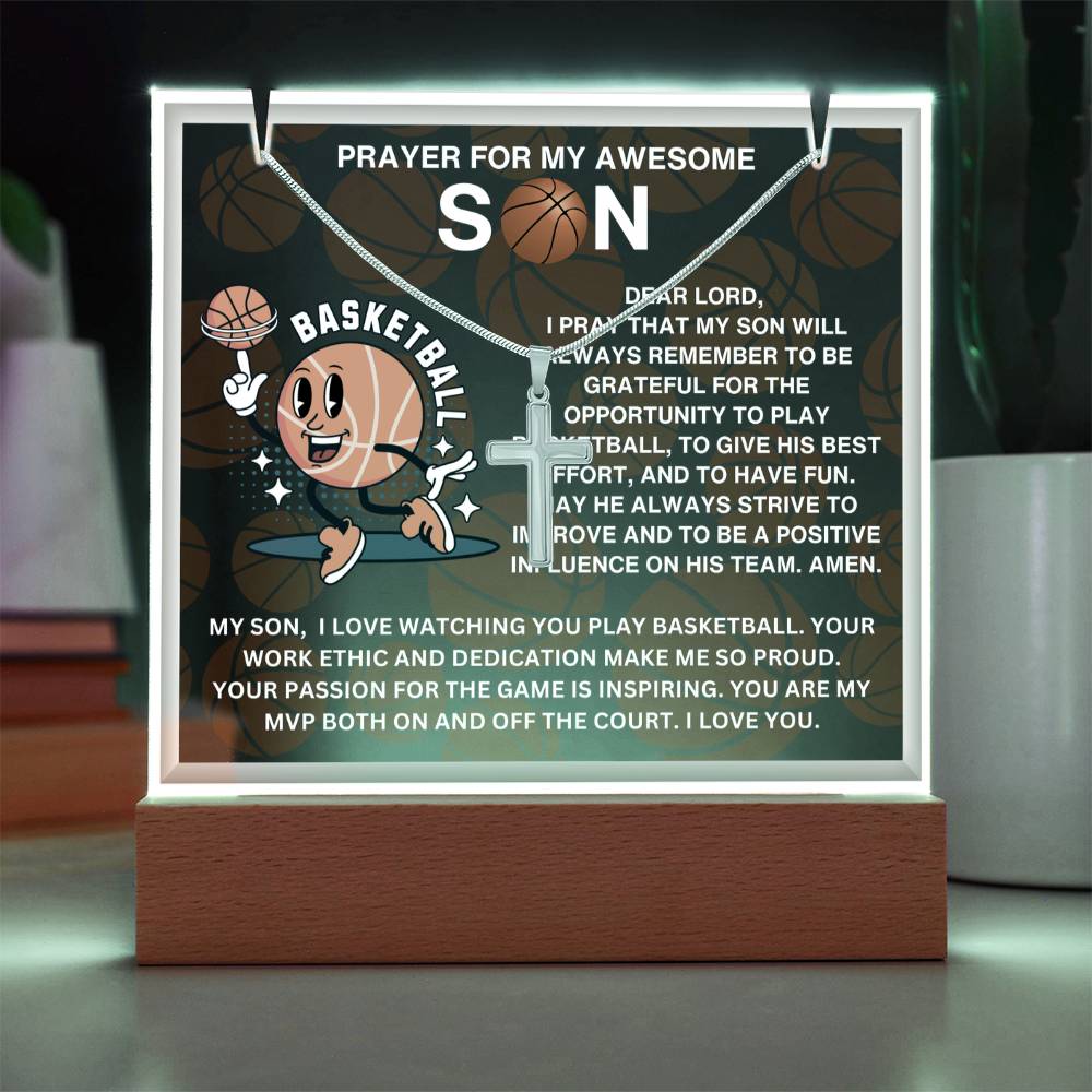 JGF Jewelry Gifts For Family Acrylic Sign Plaque Decor Basketball Prayer For My Son with Silver Cross Necklace For Kids Boys