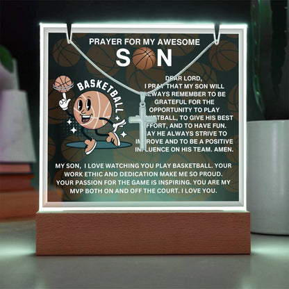 JGF Jewelry Gifts For Family Acrylic Sign Plaque Decor Basketball Prayer For My Son with Silver Cross Necklace For Kids Boys