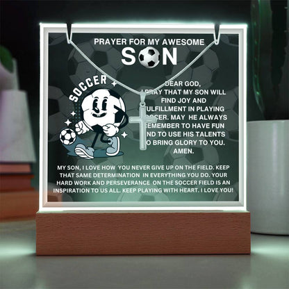 JGF Jewelry Gifts For Family Acrylic Sign Plaque Decor Soccer Prayer For My Son with Silver Cross Necklace For Kids Boys