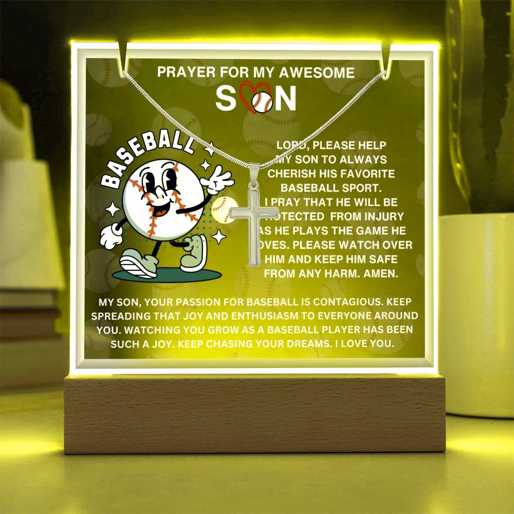 JGF Jewelry Gifts For Family Acrylic Sign Plaque Decor Baseball Prayer For My Son with Silver Cross Necklace For Kids Boys