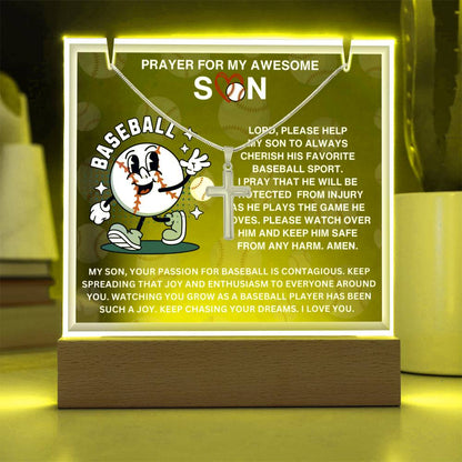 JGF Jewelry Gifts For Family Acrylic Sign Plaque Decor Baseball Prayer For My Son with Silver Cross Necklace For Kids Boys