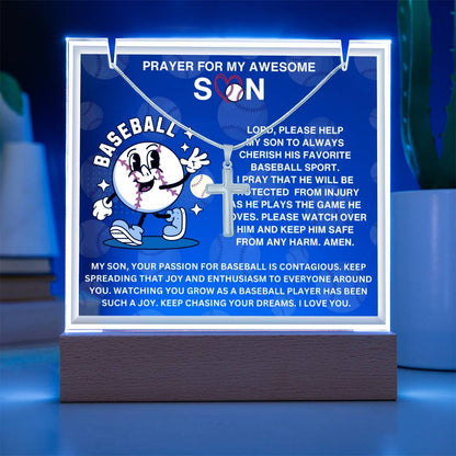 JGF Jewelry Gifts For Family Acrylic Sign Plaque Decor Baseball Prayer For My Son with Silver Cross Necklace For Kids Boys