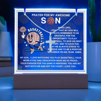 JGF Jewelry Gifts For Family Acrylic Sign Plaque Decor Basketball Prayer For My Son with Silver Cross Necklace For Kids Boys