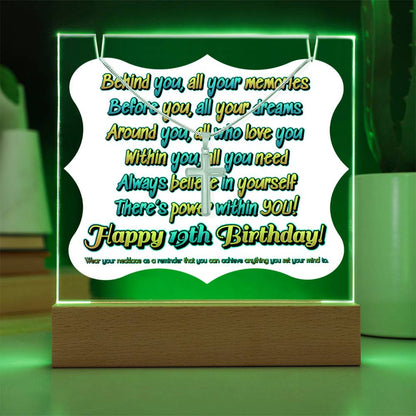 JGF Jewelry Gifts For Family Silver Cross Necklace for 19 Year Old Young Teen Girl And Boy on Acrylic Birthday Plaque Gift