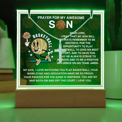 JGF Jewelry Gifts For Family Acrylic Sign Plaque Decor Basketball Prayer For My Son with Silver Cross Necklace For Kids Boys