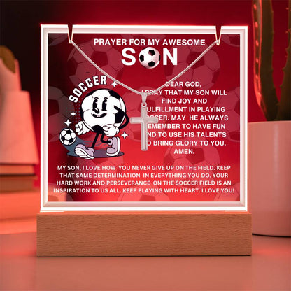 JGF Jewelry Gifts For Family Acrylic Sign Plaque Decor Soccer Prayer For My Son with Silver Cross Necklace For Kids Boys