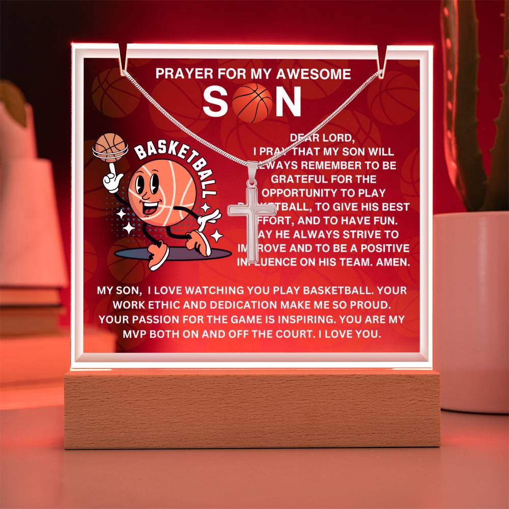 JGF Jewelry Gifts For Family Acrylic Sign Plaque Decor Basketball Prayer For My Son with Silver Cross Necklace For Kids Boys