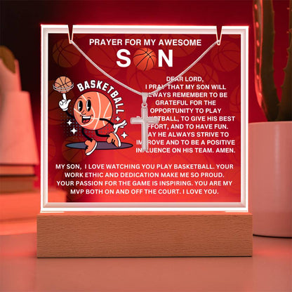 JGF Jewelry Gifts For Family Acrylic Sign Plaque Decor Basketball Prayer For My Son with Silver Cross Necklace For Kids Boys
