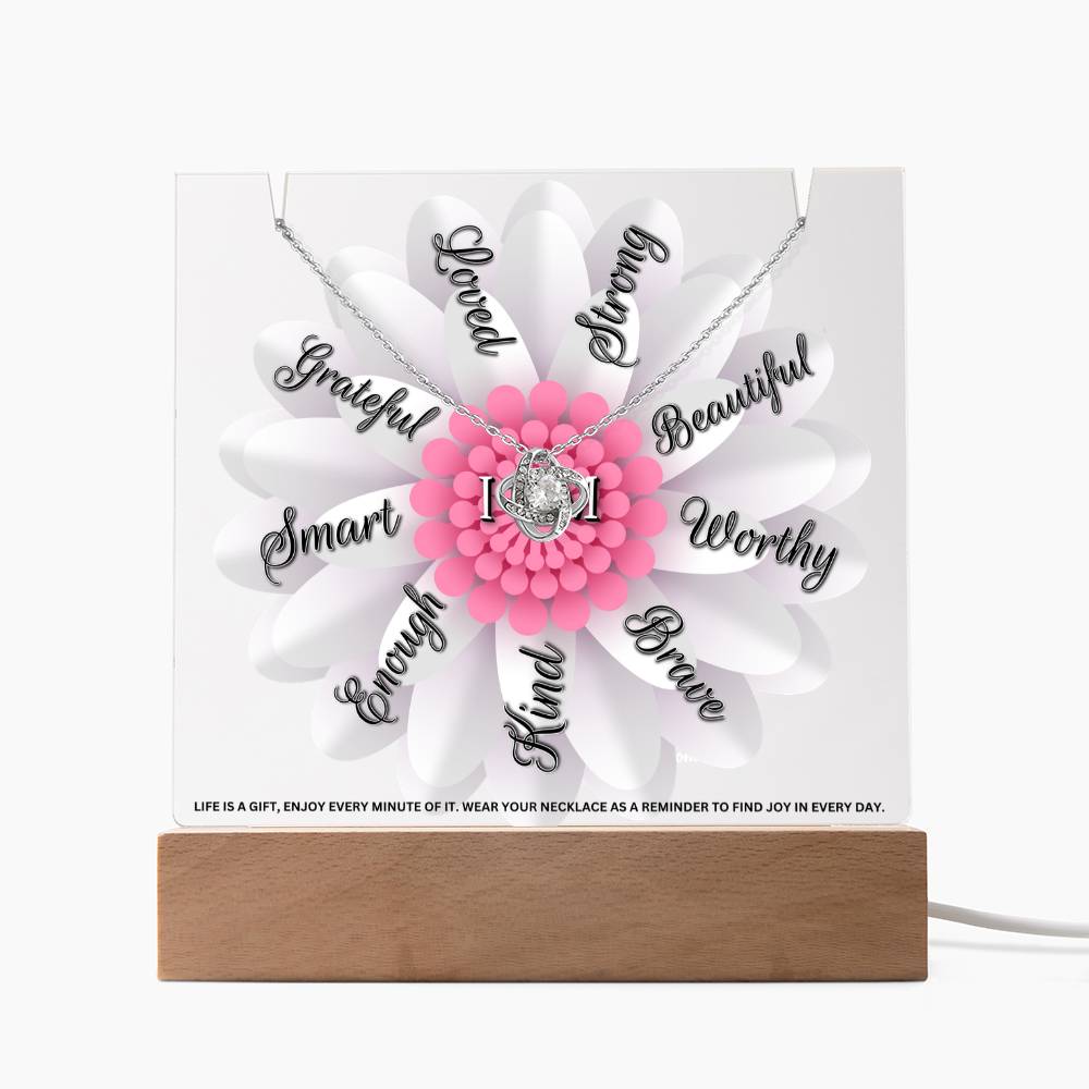 JGF Jewelry Gifts For Family LED Acrylic Plaque with Love Knot Necklace Flower I Am Affirmations for Girls