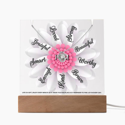 JGF Jewelry Gifts For Family LED Acrylic Plaque with Love Knot Necklace Flower I Am Affirmations for Girls