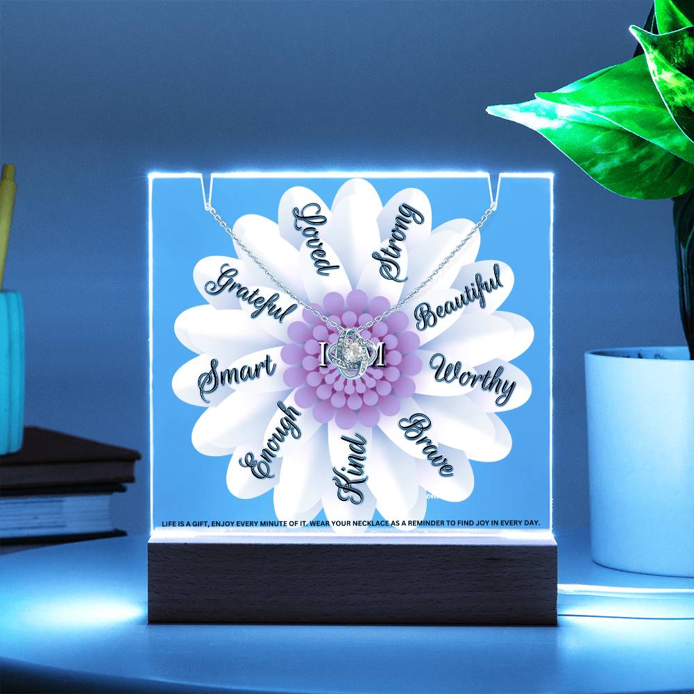 JGF Jewelry Gifts For Family LED Acrylic Plaque with Love Knot Necklace Flower I Am Affirmations for Girls