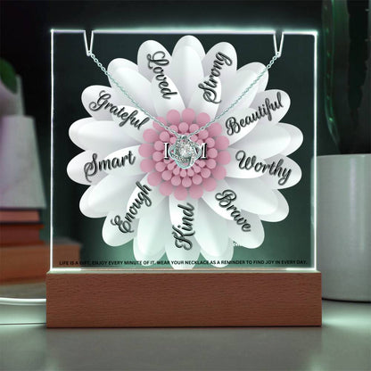 JGF Jewelry Gifts For Family LED Acrylic Plaque with Love Knot Necklace Flower I Am Affirmations for Girls