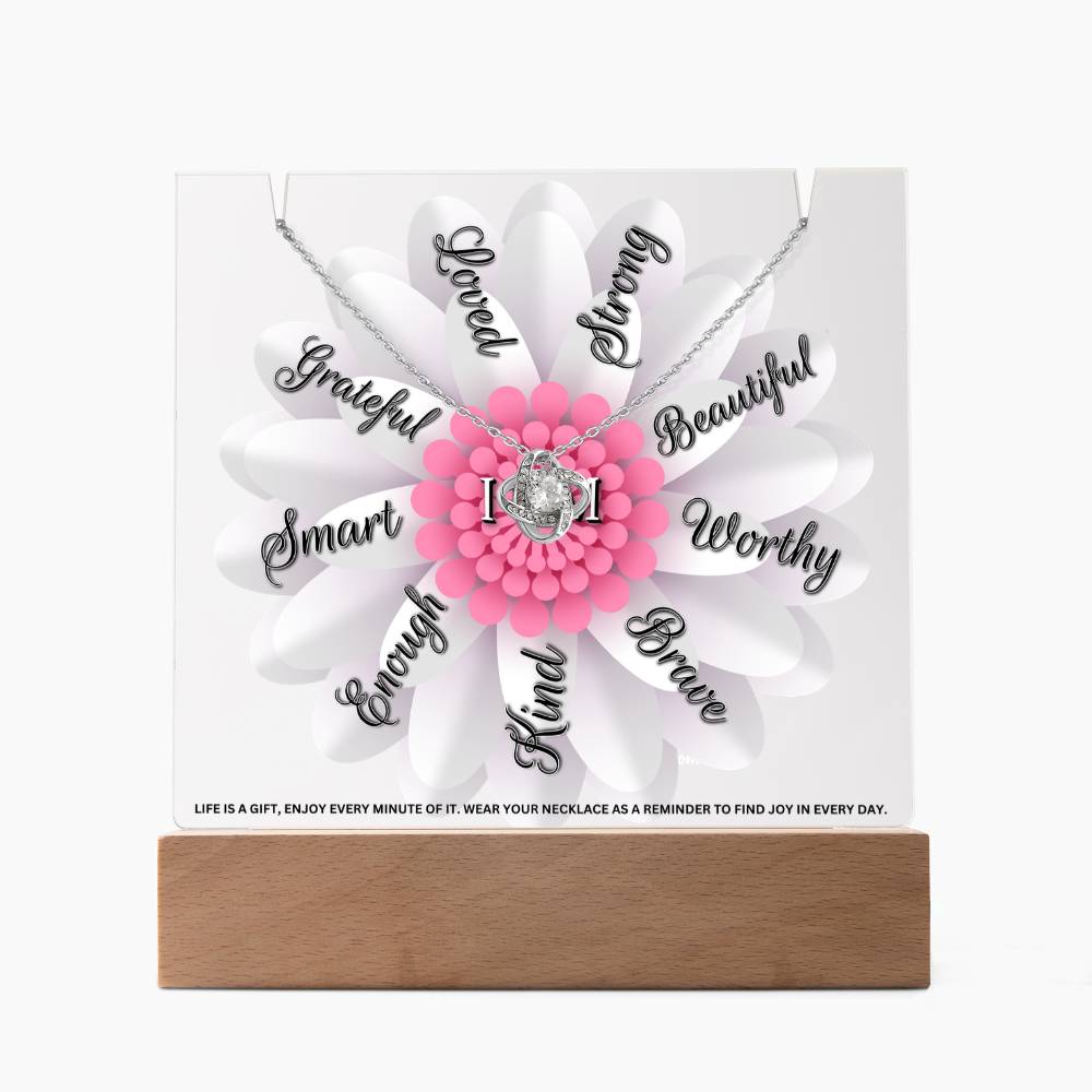 JGF Jewelry Gifts For Family LED Acrylic Plaque with Love Knot Necklace Flower I Am Affirmations for Girls