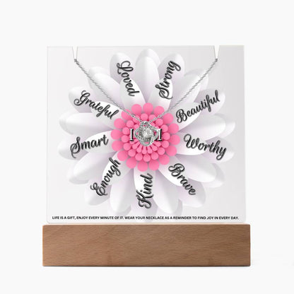 JGF Jewelry Gifts For Family LED Acrylic Plaque with Love Knot Necklace Flower I Am Affirmations for Girls