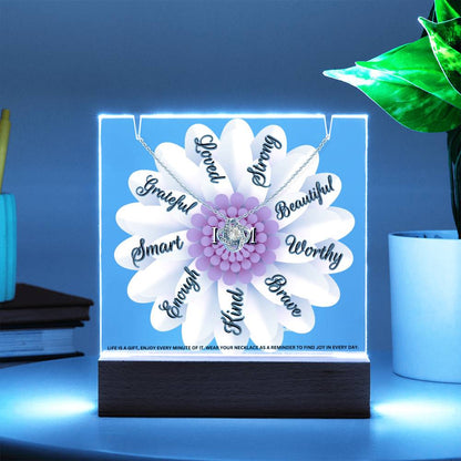 JGF Jewelry Gifts For Family LED Acrylic Plaque with Love Knot Necklace Flower I Am Affirmations for Girls