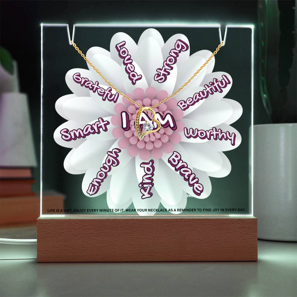 JGF Jewelry Gifts For Family I Am Affirmations Gifts For Kids Boys and Girls For Classroom with Heart Necklace on Acrylic Plaque Sign