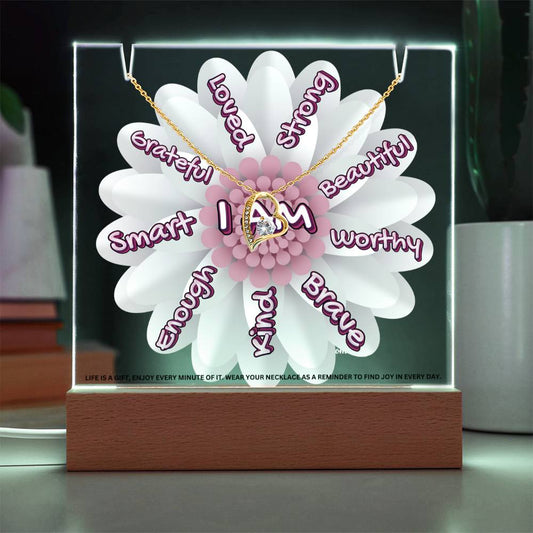 JGF Jewelry Gifts For Family I Am Affirmations Gifts For Kids Boys and Girls For Classroom with Heart Necklace on Acrylic Plaque Sign