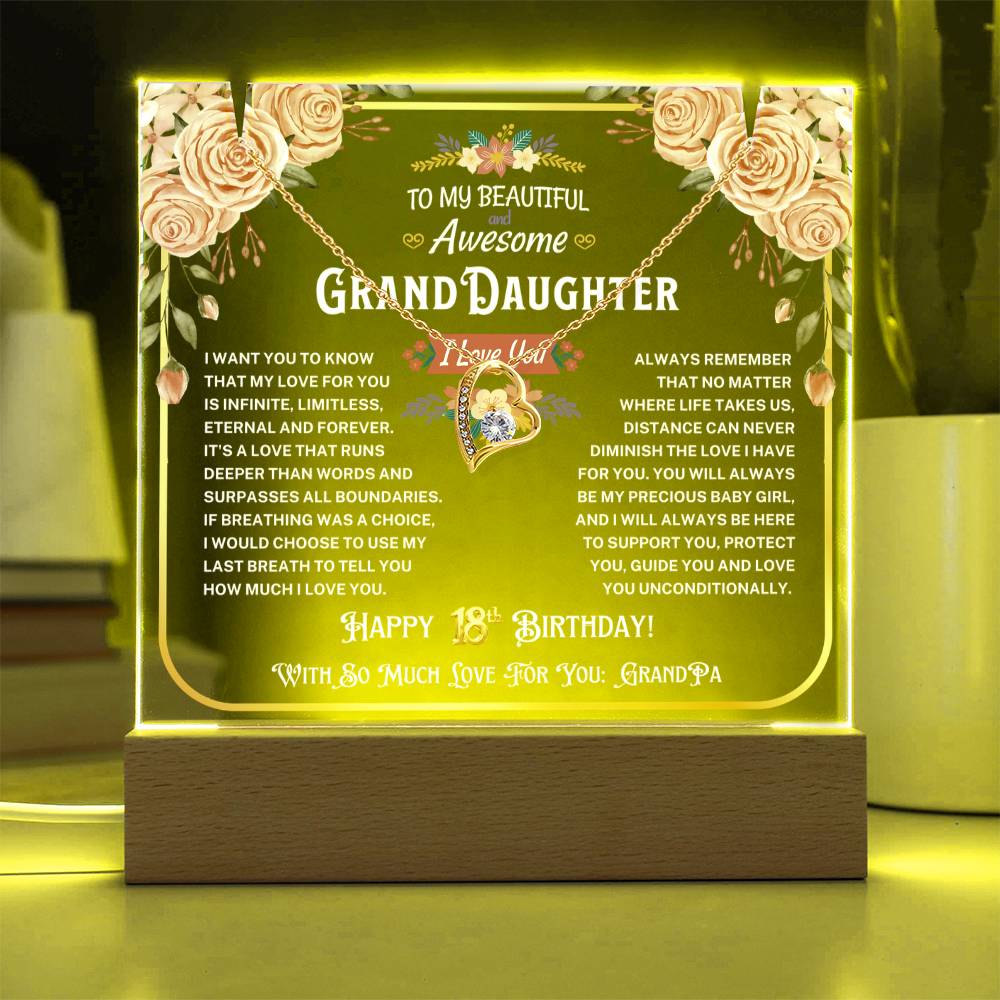 JGF Jewelry Gifts For Family To My Granddaughter Acrylic Plaque and Heart Necklace For Her Happy 18th Birthday From Grandpa