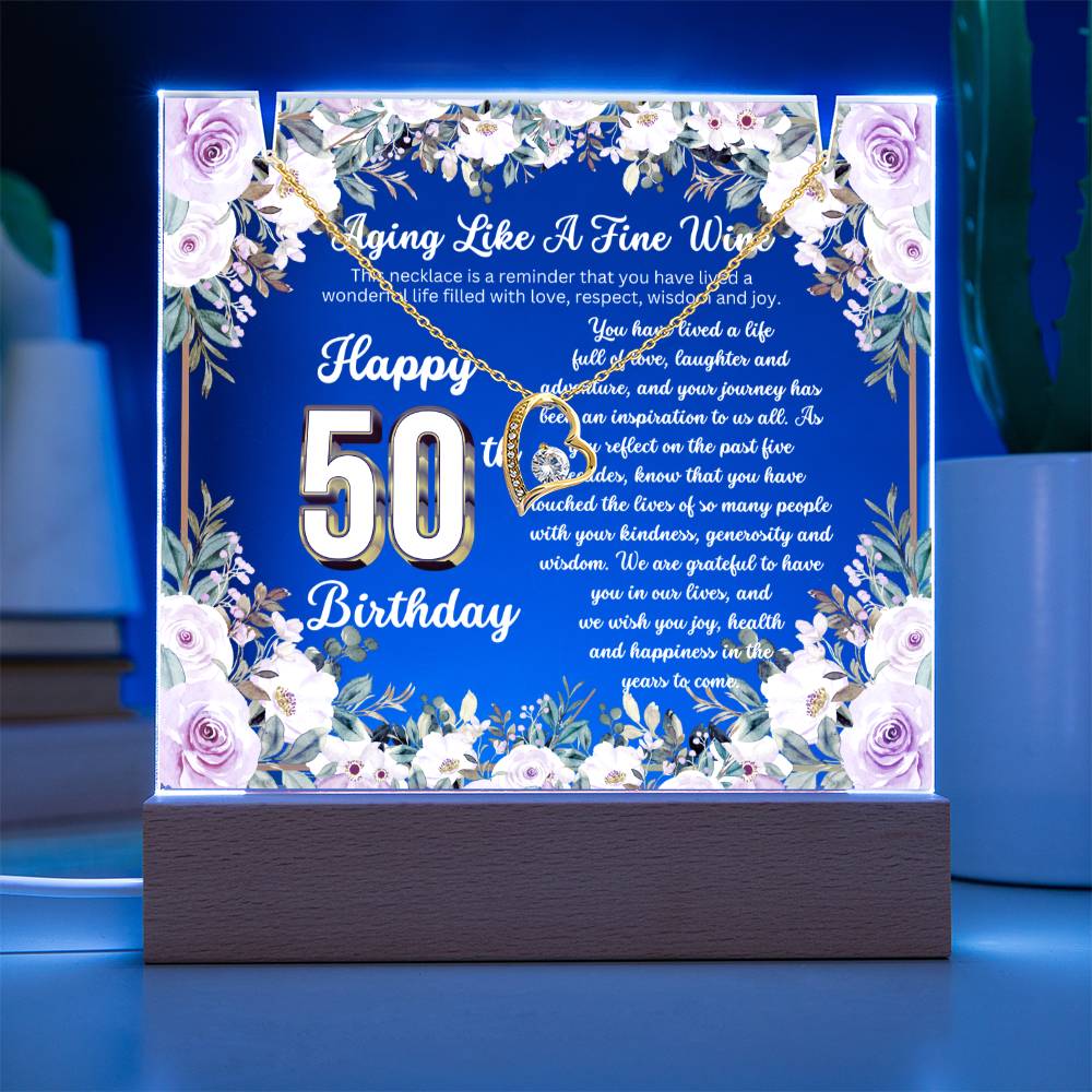 JGF Jewelry Gifts for Family Happy 50th Birthday Heart Necklace on Acrylic Plaque Gifts For Women Turning 50 Year Old