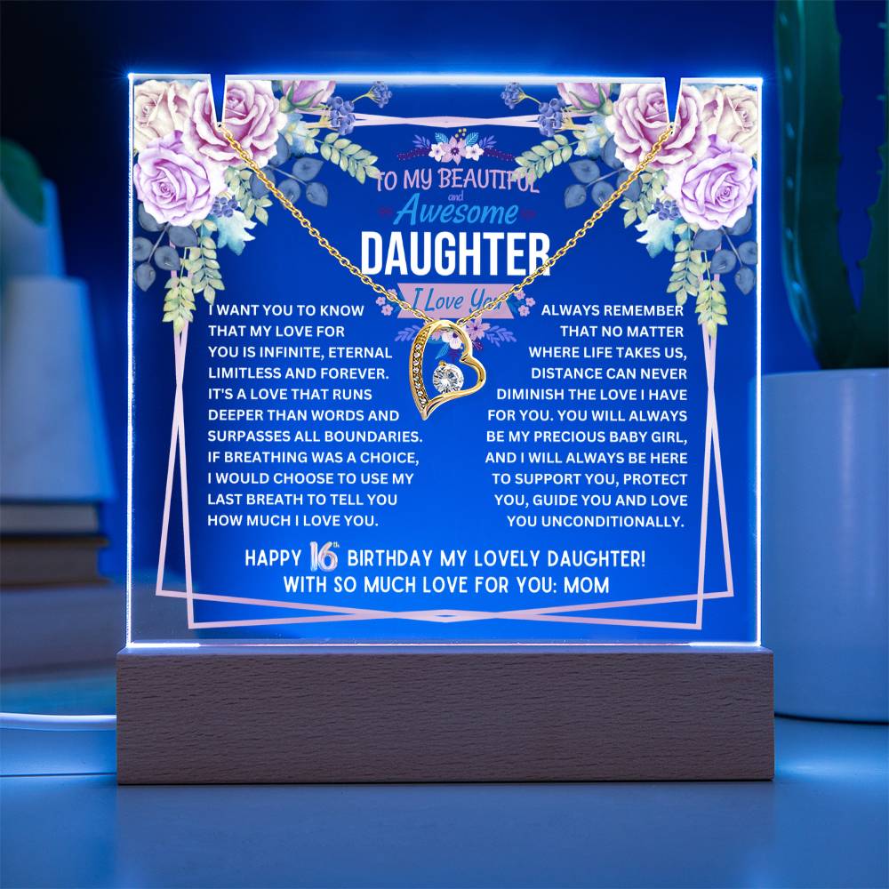 JGF Jewelry Gifts For Family To My Daughter Acrylic Plaque and Heart Necklace for Her 16th Birthday from Mom