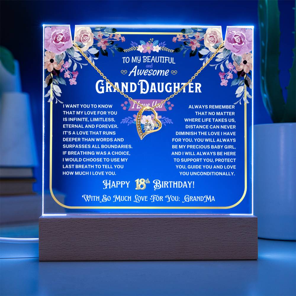 JGF Jewelry Gifts For Family To My Granddaughter Acrylic Plaque and Heart Necklace For Her Happy 18th Birthday From Grandma