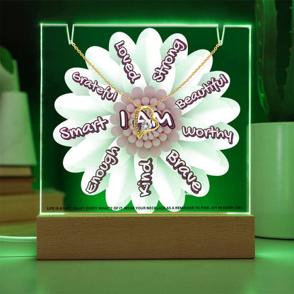 JGF Jewelry Gifts For Family I Am Affirmations Gifts For Kids Boys and Girls For Classroom with Heart Necklace on Acrylic Plaque Sign