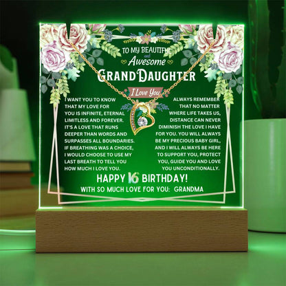 JGF Jewelry Gifts For Family Granddaughter Acrylic Plaque and Necklace For Her Happy 16th Birthday From Grandma