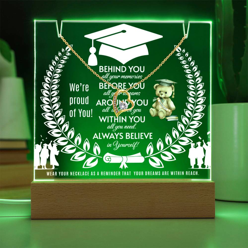 JGF Jewelry Gifts For Family Happy Graduation 2025 Gifts Heart Necklace on Acrylic Plaque For Her