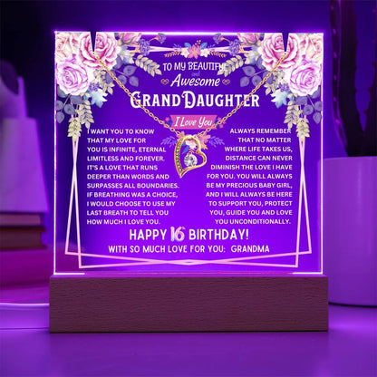 JGF Jewelry Gifts For Family Granddaughter Acrylic Plaque and Necklace For Her Happy 16th Birthday From Grandma