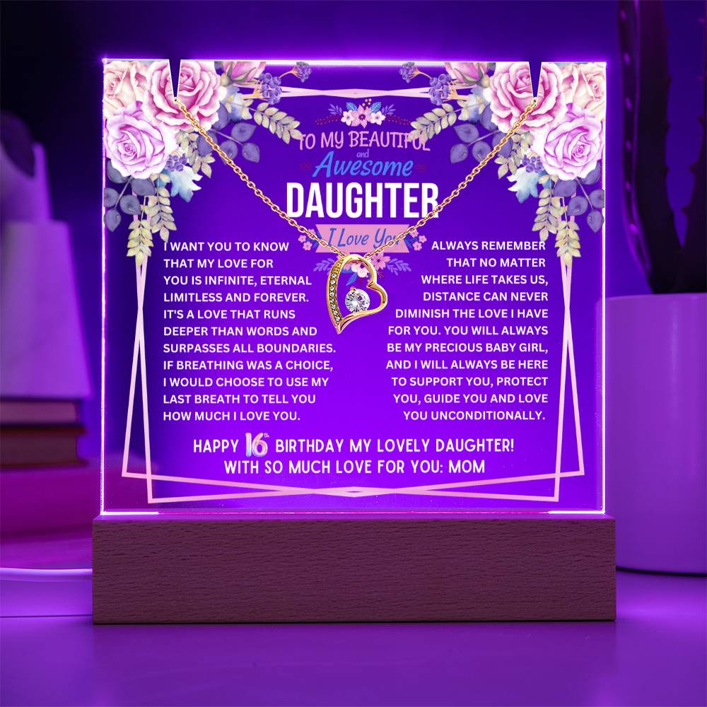 JGF Jewelry Gifts For Family To My Daughter Acrylic Plaque and Heart Necklace for Her 16th Birthday from Mom