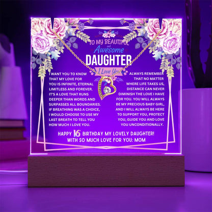 JGF Jewelry Gifts For Family To My Daughter Acrylic Plaque and Heart Necklace for Her 16th Birthday from Mom