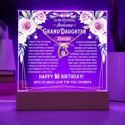 JGF Jewelry Gifts For Family Granddaughter Acrylic Plaque and Necklace For Her Happy 16th Birthday From Grandpa