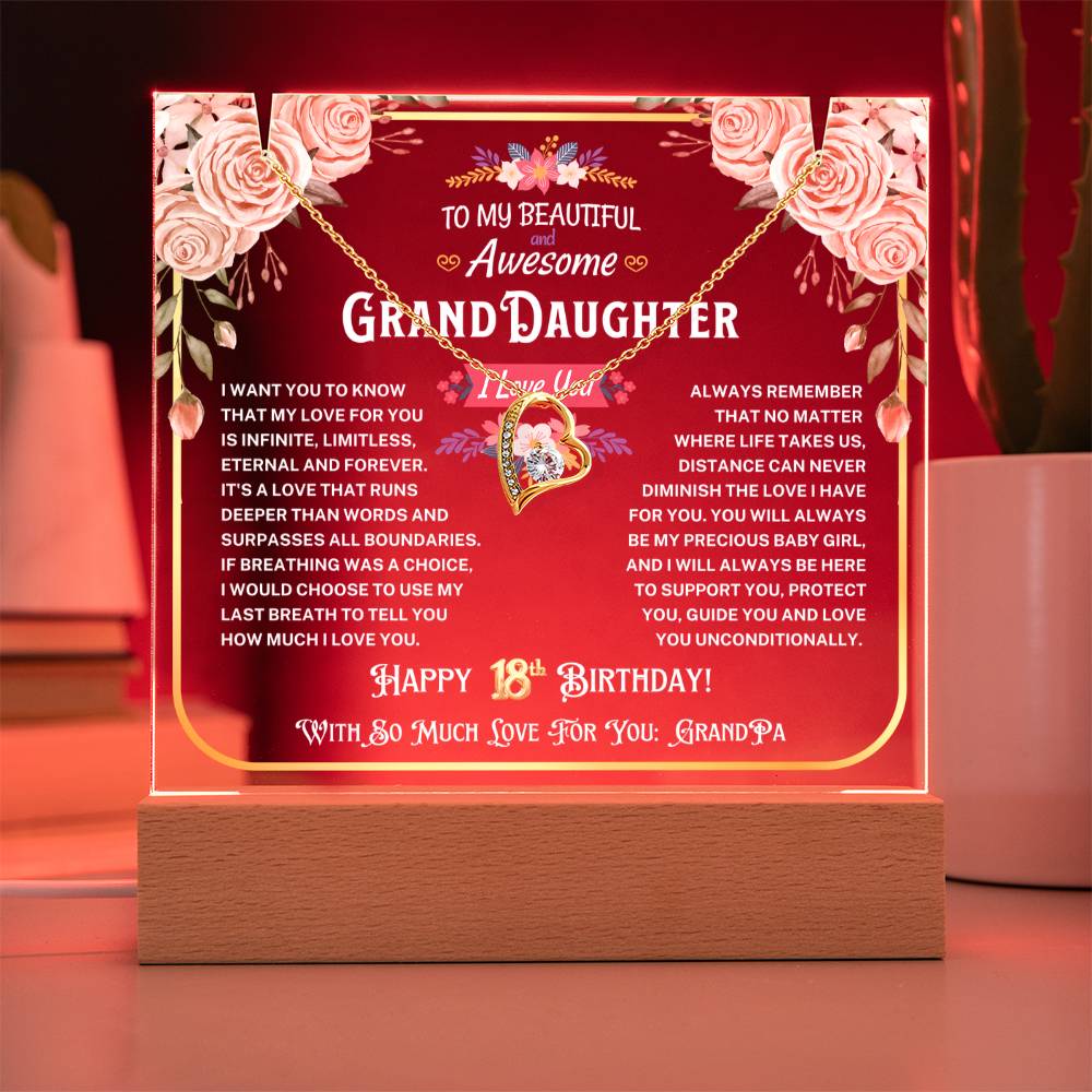 JGF Jewelry Gifts For Family To My Granddaughter Acrylic Plaque and Heart Necklace For Her Happy 18th Birthday From Grandpa
