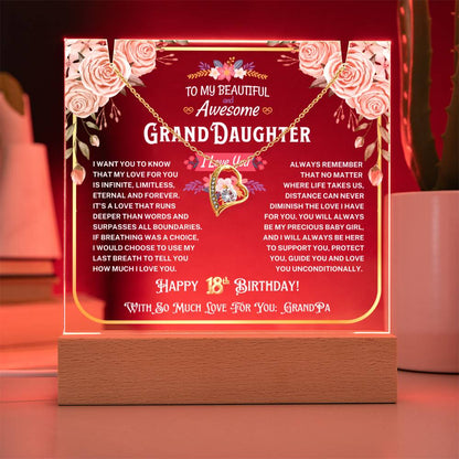 JGF Jewelry Gifts For Family To My Granddaughter Acrylic Plaque and Heart Necklace For Her Happy 18th Birthday From Grandpa