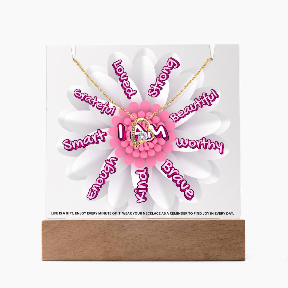 JGF Jewelry Gifts For Family I Am Affirmations Gifts For Kids Boys and Girls For Classroom with Heart Necklace on Acrylic Plaque Sign