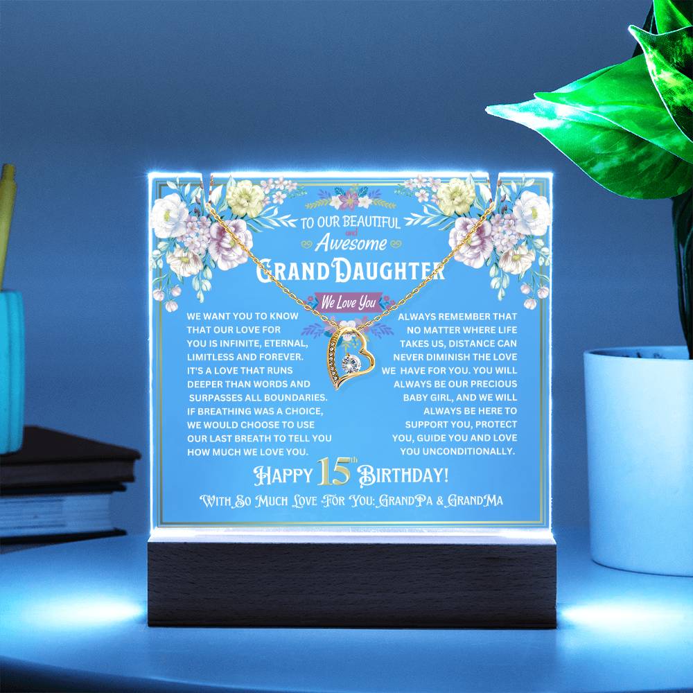 JGF Jewelry Gifts For Family Granddaughter Happy 15th Birthday Jewelry Gifts For Teen Girls Turning 15 Year Old Trendy Acrylic Plaque and Necklace Gifts for Her