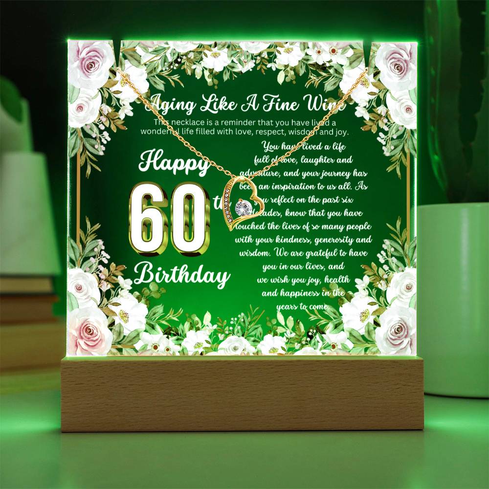 JGF Jewelry Gifts for Family Happy 60th Birthday Heart Necklace on Acrylic Plaque Gifts For Women Turning 60 Year Old