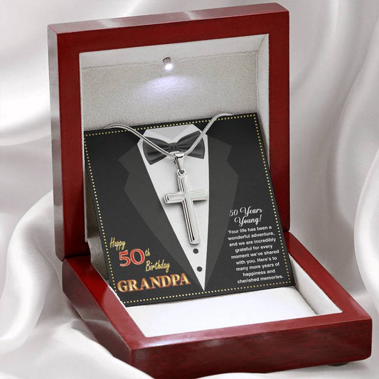 JGF Jewelry Gifts for Family Grandpa Cross Necklace For Men Happy 50th Birthday Card For Him