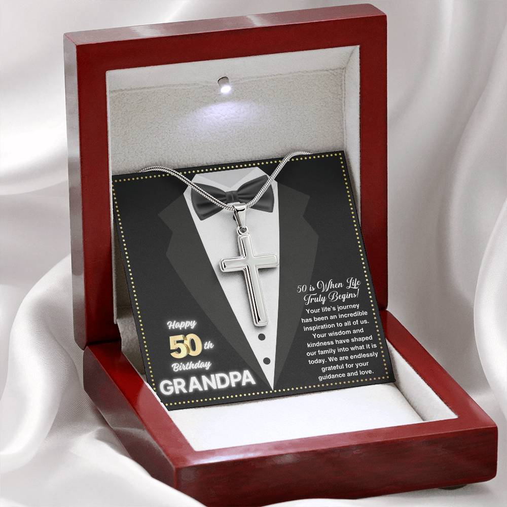 JGF Jewelry Gifts for Family Cross Necklace Silver For Grandpa 50th Birthday Card For Him
