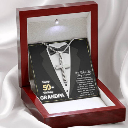 JGF Jewelry Gifts for Family Cross Necklace Silver For Grandpa 50th Birthday Card For Him