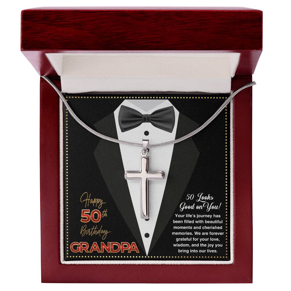 JGF Jewelry Gifts for Family Christian Cross Necklace For Men Grandpa Turning 50 Birthday Card