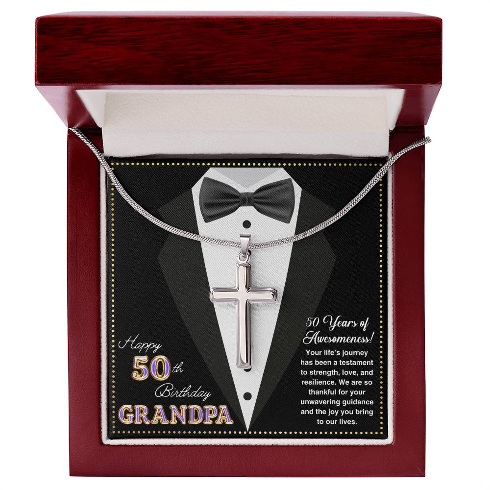 JGF Jewelry Gifts for Family Happy 50th Birthday Card For Him Grandpa Cross Necklace For Men