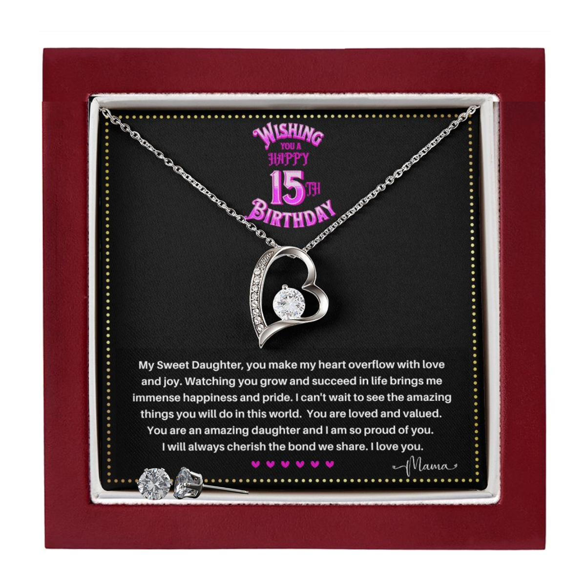 JGF Jewelry Gifts for Family | Happy 15th Birthday Card For Daughter | Trendy Love Heart Necklace And Earrings Jewelry