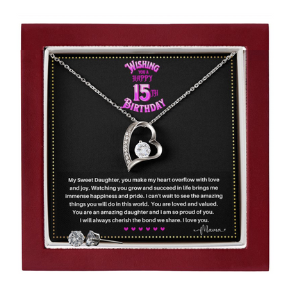 JGF Jewelry Gifts for Family | Happy 15th Birthday Card For Daughter | Trendy Love Heart Necklace And Earrings Jewelry