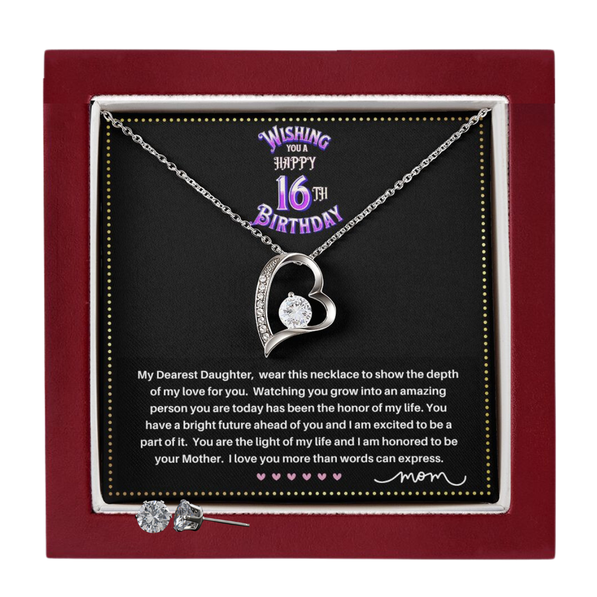 JGF Jewelry Gifts for Family | Happy 16th Birthday Card Girl | Sterling Silver Heart Necklace and Earrings for Girls from Mom